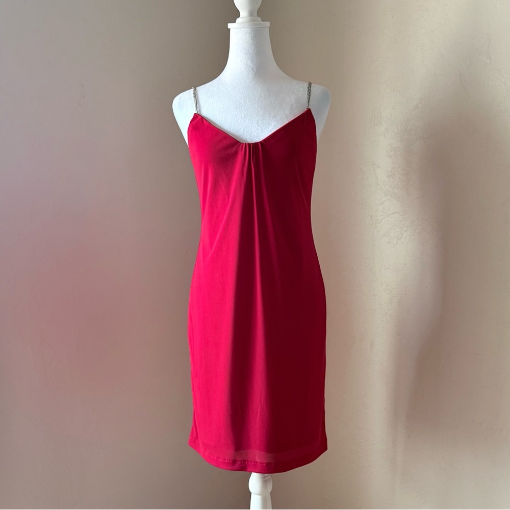 Vintage 1990s Y2K Laundry Shelli Segal Red Slip Dress Rhinestone Chain Straps 6